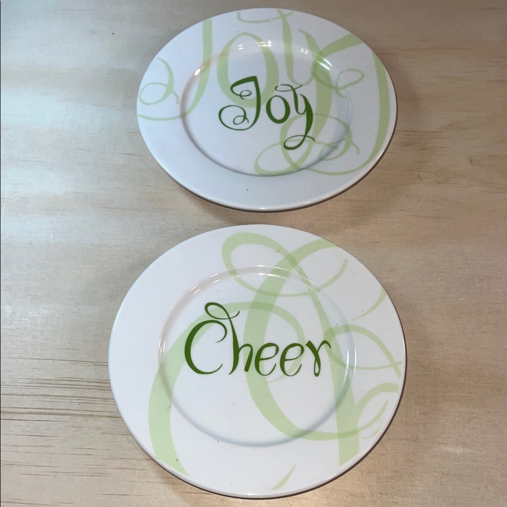 Set of Two White Plates with Green Script Joy and Cheer Plates